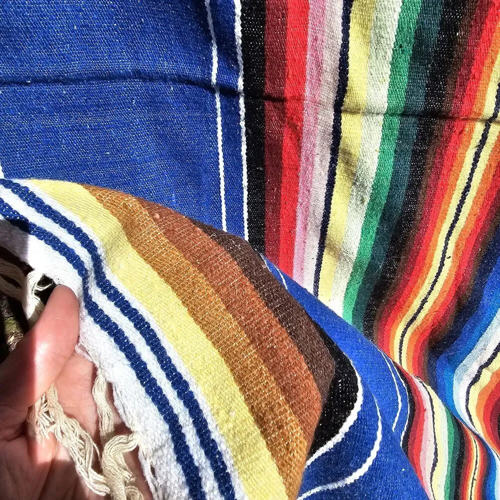 Vintage Handmade Mexican Serape Wool Blanket – Blue Multicolor Stripes, 45x80